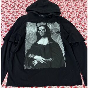 Social Collision Mens Skeleton Mona Lisa Hoodie Black Gothic Graphic Tee L c3